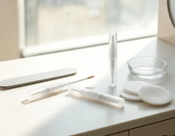 cuticle oil pen nail care on a cosmetics bench, illustration only