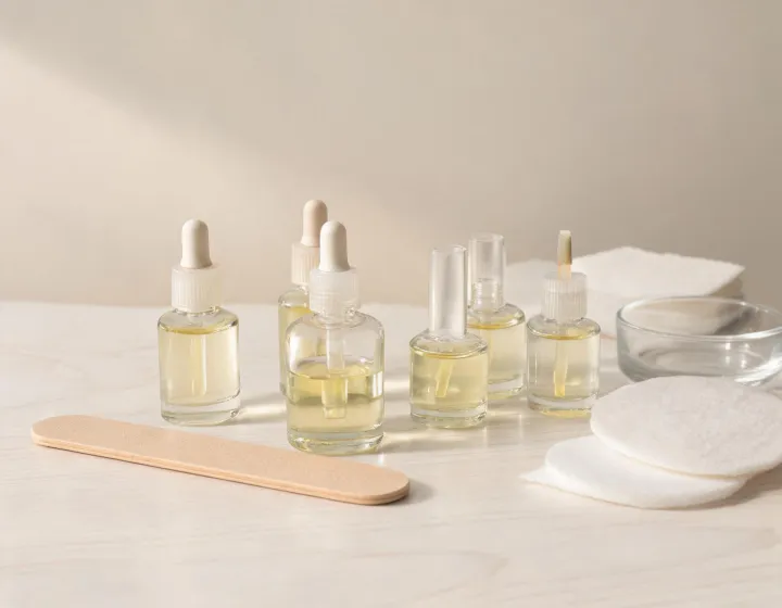 cuticle oil nail care on a cosmetics bench, illustration only